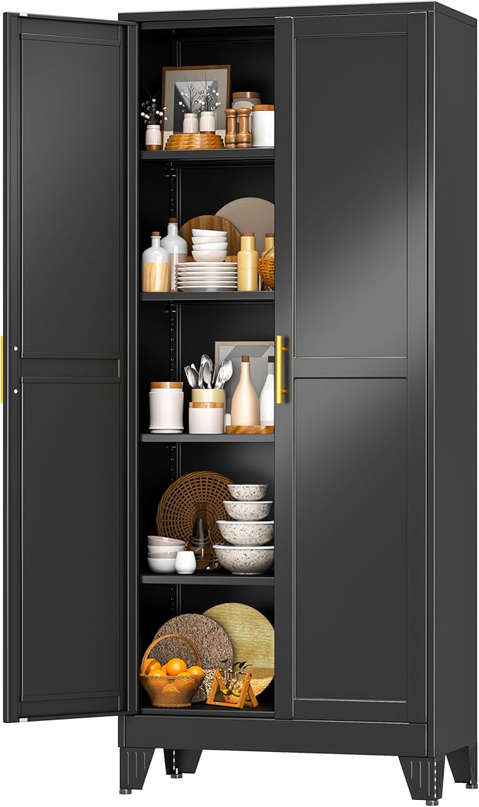 Black Pantry Storage Cabinet,71" Kitchen Pantry with Doors and 4 Adjustable Shelves, Metal Storage Cabinet, for Office, Home, Garage, School
