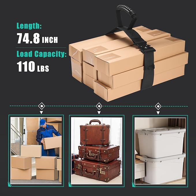 2 Pack Heavy Duty Box Carry Straps with Handle - Adjustable Metal Buckle Lifting Straps for Moving, Battery Boxes & Heavy Items (74.8 Inch)