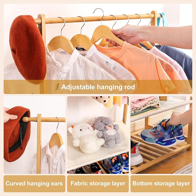 Bamboo Kids Clothing Rack: Holds Up To 121 Lbs of Dress-Up Clothes | 2 Adjustable Hanging Rods & 2 Storage Baskets With Shelf. Child Garment Holder for Playroom & Toddler Bedroom (Natural)