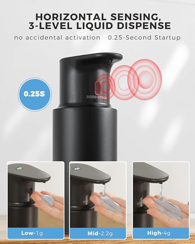 Automatic Liquid Soap Dispenser Touchless, 304 Stainless Steel Bottle Body | 16.2oz/480ml Rechargeable, 3 Adjustable Liquid Levels, IPX7 Waterproof, for Kitchen Bathroom, Black