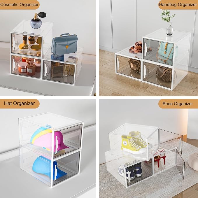 6 Pack Shoe Storage Box Organizer, Clear Thicken Stackable Plastic Shoe Boxes with Magnetic Door, Sturdy Shoe Containers for Sneakers Boots, Easy to Assemble, Fit up to US Size 12(13.2"×10.6"×7.5")