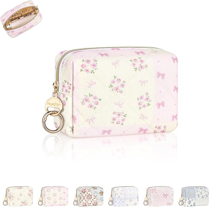 Quilted Mini Makeup Bag, Cute Small Cosmetic Bag for Purse, Y-Bow | Floral Travel Makeup Pouch, Make Up Pouch for Women, Purse Organizer Pouches for Travel/ Gym/ Daily Use, Perfect Gifts