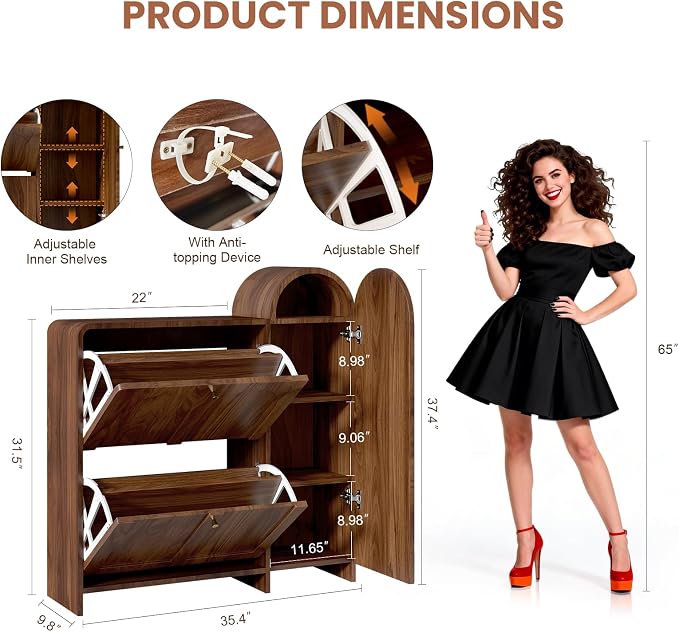Arched Cabinet with Doors-Shoe Cabinet,Hidden Shoe Rack,Shoe Stand for Entryway Compact Shoe Storage in Walnut Finishes,Mid-Century Style for Entryway