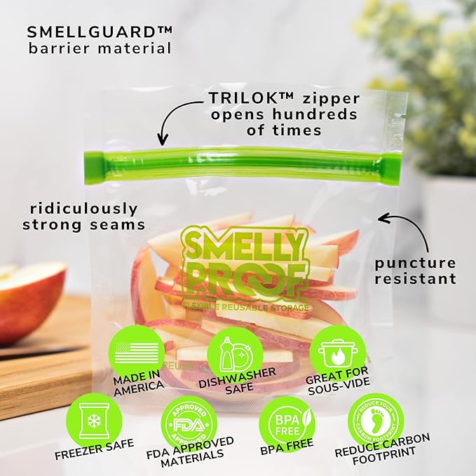 Smelly Proof 10 x Reusable Food Storage Bags, Reusable Freezer Bags, Reusable Snack Bags, Stand-Up Expandable “Stand & Fill”, Clear 3-Mil 6” x 4”, US Made, BPA FREE, NO PEVA, 10-pk