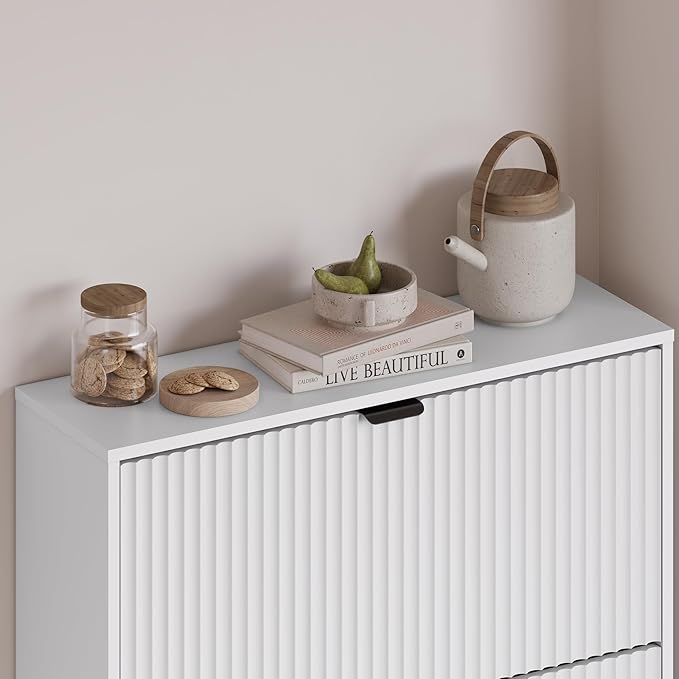 BORNOON Entryway Shoe Cabinet with 3 Flip Drawers, Narrow Shoe Organizer Cabinet with Fluted Panel and Adjustable Shelves for Foyer, Hallway
