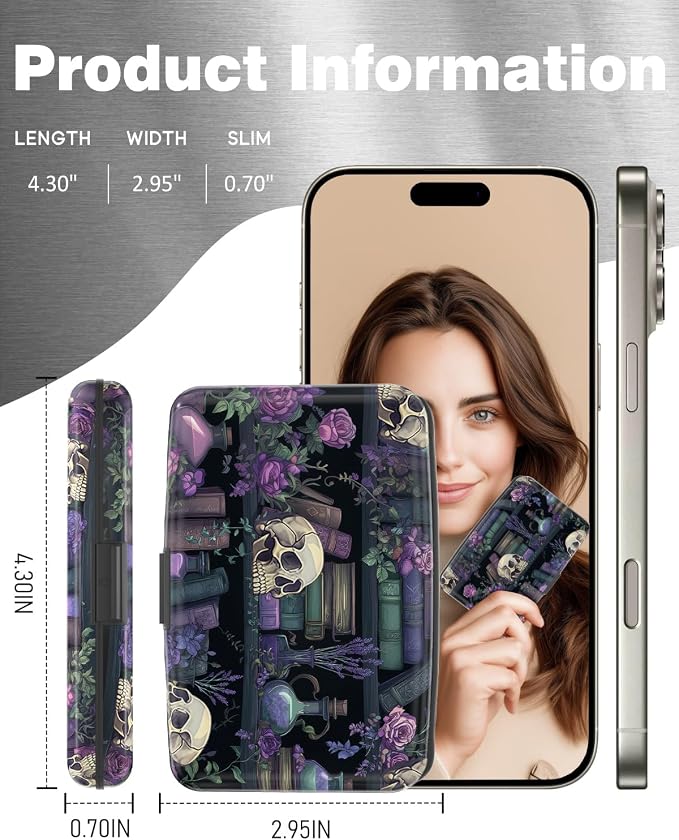 Maicican Credit Card Holder, Mini RFID Blocking Aluminum Wallet | Slim Metal Hard Case Travel Wallet ID Case for Women and Men, 4.3 x 2.9 Inches, Purple Flowers and Skulls