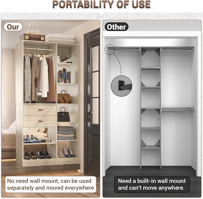 Armocity Freestanding Closet System, 40 Inches Stand-Alone Wardrobe with 10 Shelves, 80'' Height Adjustable Cloth Garment Rack with 2 Wood Drawers, Wood Walk-in Closet with Hanging Rod, White Oak