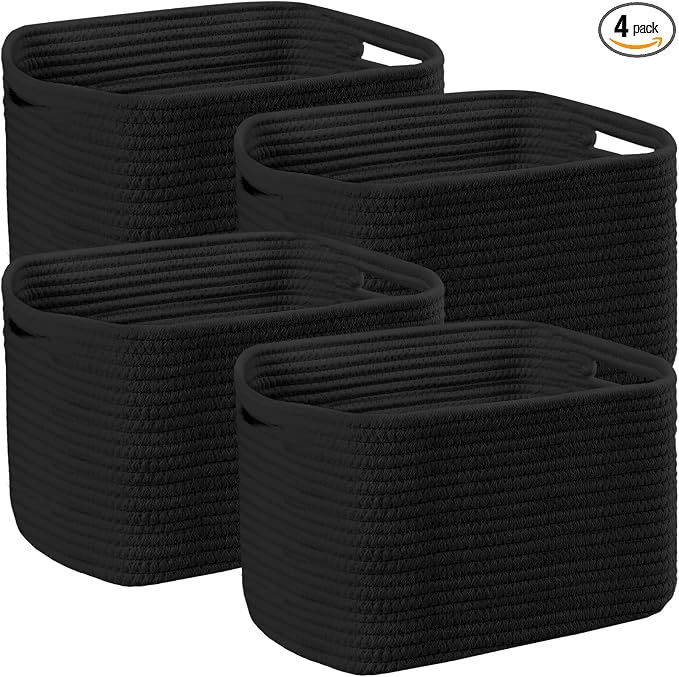 4 Pack Storage Baskets for Organizing, 11''Lx9''Wx8''H Woven Baskets for Storage Toys, Towels, Books, and Clothes, Cotton Rope Basket for Shelves with Handle White & Brown