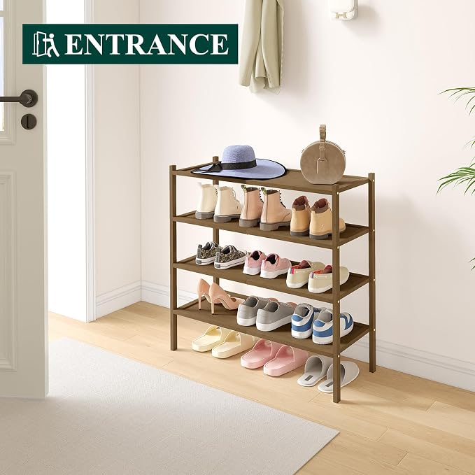 Smiry Bamboo Shoe Rack, 4 Tier Shoe Organizer for Entryway & Closet, Stackable Free Standing Storage Shelf for Shoes, Bags & Plants, Walnut