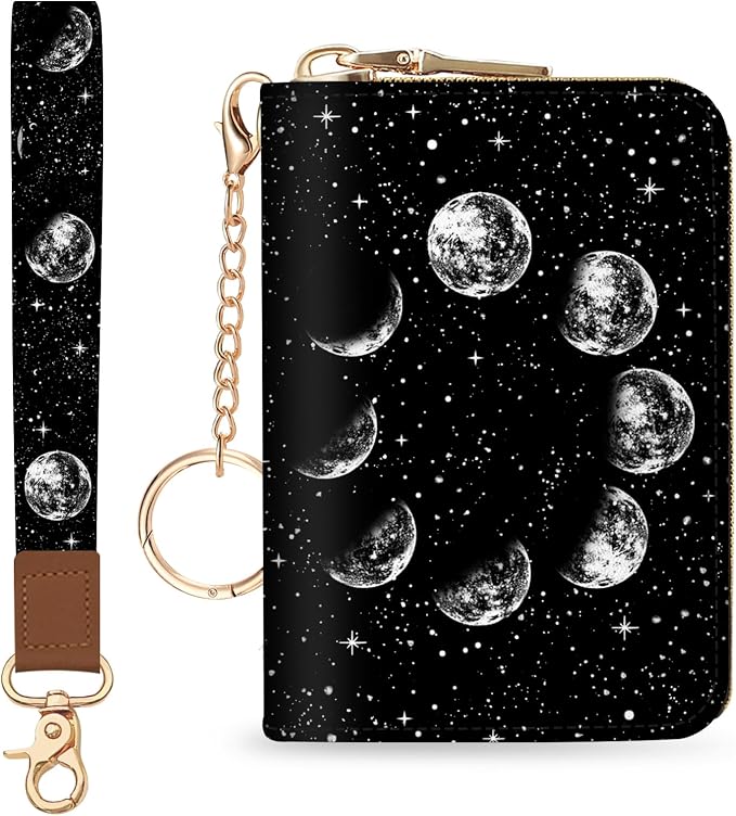 Blusabaca Women Credit Card Holder, Small RFID Wallet with Wristlet Strap | Moon, Removable Keychain, Case Zipper, PU Leather, Cash Coin Pocket, Business Purse with Key Lanyard, Ladies Female Gift