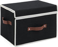Storage Bins Box with Lids Front Opening Window Decorative Cotton Linen Fabric Basket PU Leather Handles Washable PP Plastic Board Foldable Shelf Closet Organizer Container (Black, Large)