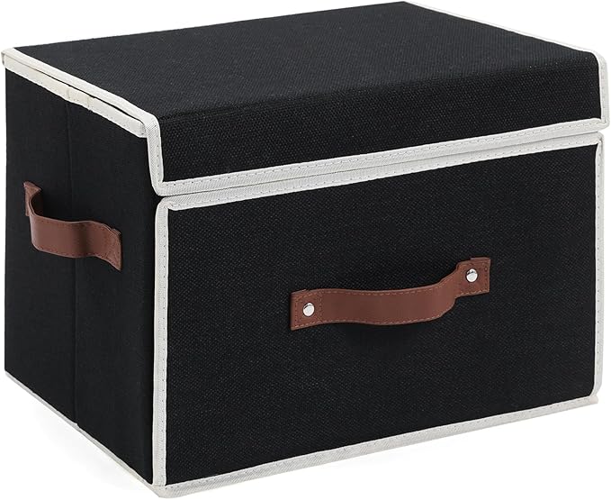 Storage Bins Box with Lids Front Opening Window Decorative Cotton Linen Fabric Basket PU Leather Handles Washable PP Plastic Board Foldable Shelf Closet Organizer Container (Black, Large)