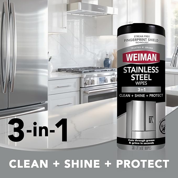 Weiman Stainless Steel Cleaner, 30 Count Wipes, Anti-Fingerprint, Removes Grease, Water Spots, Streaks & Residue, Polishing Cleaner Safe for Appliances, Chrome, Sinks & Grill Exteriors