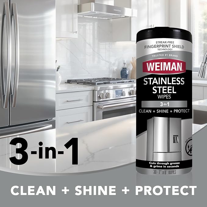 Weiman Stainless Steel Cleaner & Polish Kit, 2 Wipes & Cloth, Anti-Fingerprint, Removes Grease, Water Spots, Streaks & Residue, Polishing Cleaner Safe for Appliances, Chrome, Sinks & Grill Exteriors