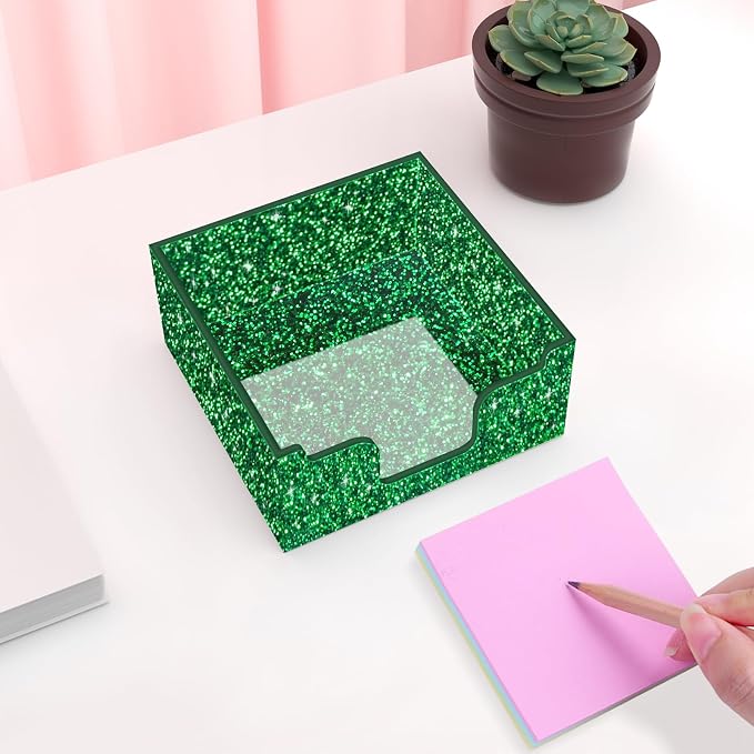 Rouidr Acrylic Sticky Note Holder, Self Stick Note Pad Holder, Bright Green | 3.94 x 3.94 Inch Glitter Memo Pad Dispenser Organizer for School Office Home Desk Supplies