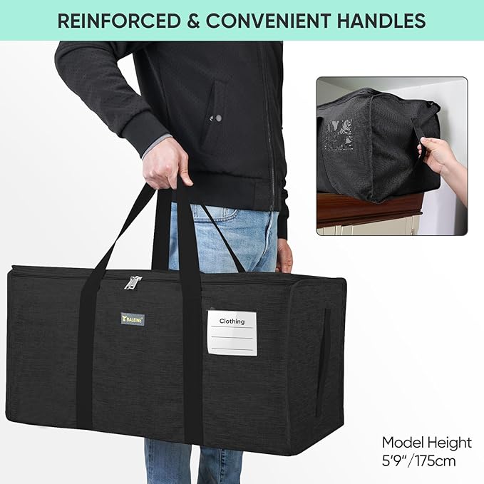 BALEINE Extra Large Storage Tote with Zippers & Carrying Handles, Heavy-Duty Oxford Fabric Moving Bags for Laundry, Space Saving, Storage, 2-Pack, Charcoal Black