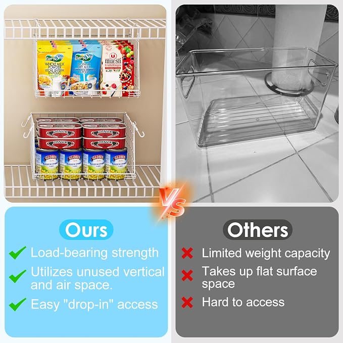 Jsskeeim 3-Pack Under Shelf Hanging Baskets with 360° Rotating Hooks - Space Saving Pantry Shelf Organizer for Kitchen Storage, Foldable Small Space Solutions for Pantry Organization, White