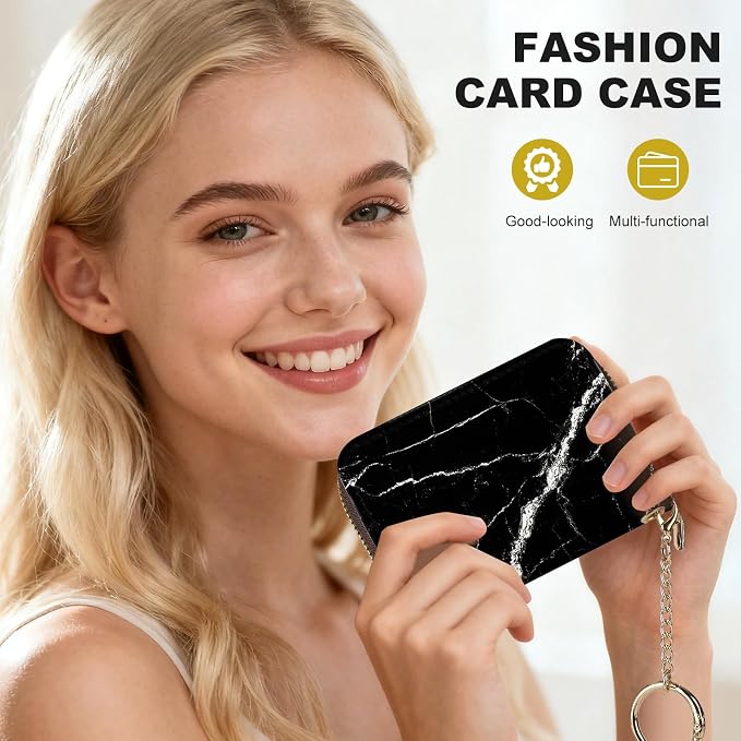 Credit Card Holder for Women,Small Rfid Wallet with Keychain Zipper,Cute PU Leather Card Case Wallet，Accordion Credit Card Wallets Gift,Black marble texture