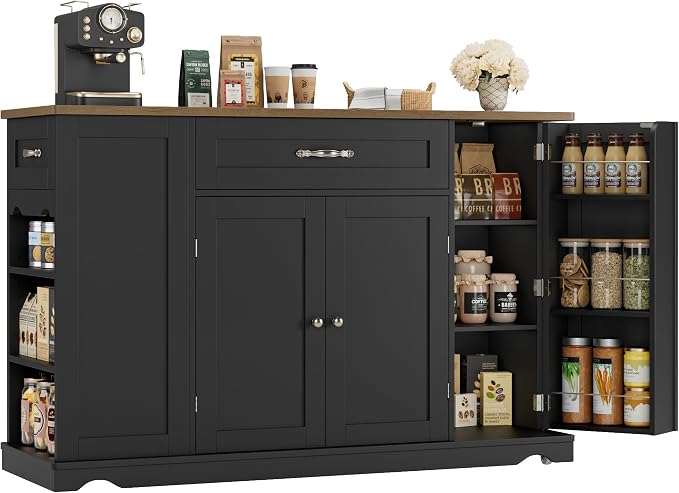 HOSTACK 47" W Kitchen Island Cart with Storage, Rolling Island Table, Black | Mobile Kitchen Storage Islands on Wheels with 2 Drawers, Adjustable Shelves, Movable Buffet Cabinet for Dining room