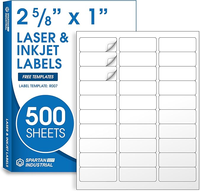 1" X 2 5/8" Matte White Printable Address Labels (500 Sheets, 15000 Stickers) Mailing and Return Address Labels for Laser & Inkjet Printers - Spartan Industrial Template R007