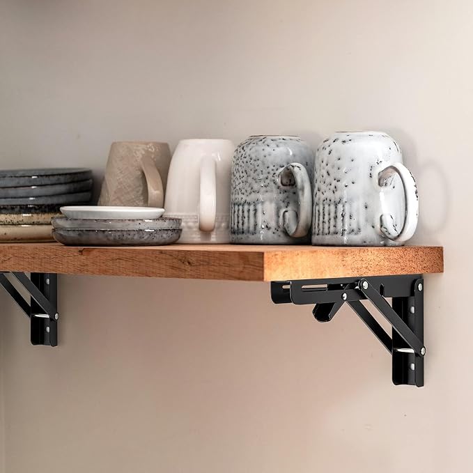 Ravinte Matte Black Folding Shelf Brackets, 16 Inch, 4 Pack | Collapsible Bracket Design, Table And Bench Support, Space-Saving Shelf Setup, For Worktops, Laundry Rooms, Garage Projects