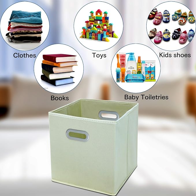 STOREONE Fabric Storage Bins Cubes Baskets Containers-(11X11X11) with Dual Handles Cube Storage Organizer Bins for Shelf Closet, Bedroom Organizers, Foldable Set of 3 (Creamy- White )