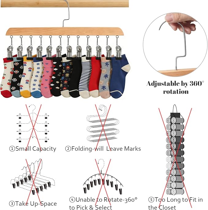 Space Saving Hanging Clothes Organizer with 12 Clips Multi-Purpose Storage for Leggings, Jeans, Skirts, Scarves, Hats, Socks(Natural-2PCS)