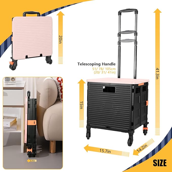 SELORSS Foldable Utility Cart Collapsible Crate Rolling Carts Handcart Trolley Tool Box Basket 4 360°Noiseless Wheels Lid Telescoping Handle for Shop Grocery Luggage Move Office School Teacher (Pink