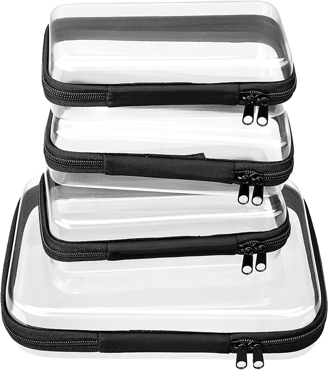 4 pcs Clear Zipper Pouches,Hard Shell Zipper Case, Toiletry Bag for Travel | CLear Diaper Bag, Toiletry Pouch, Travel Organizer, Cosmetic Bag,Toy Storage Bins (M+3S)(Black)