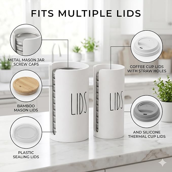 Mason Jar Lid Storage Organizer, White, 2 Pack | Wooden, Lid Holder & Dispenser, Fits Wide & Regular Mouth, Stackable for Kitchen Cabinet Pantry