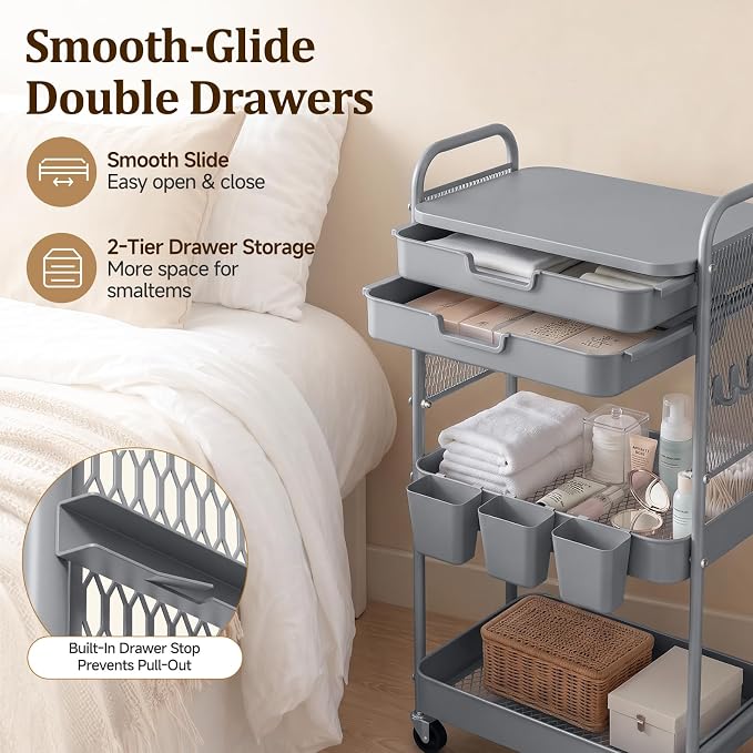 3 Tier Rolling Cart with 2 Drawers, Metal Utility Storage Carts with Wheels | Kitchen Rolling Cart 4.5" Deep Basket, Mesh Side Panel with 3 Cups, 4 Hooks for Office, Bedside, Craft Storage Cart