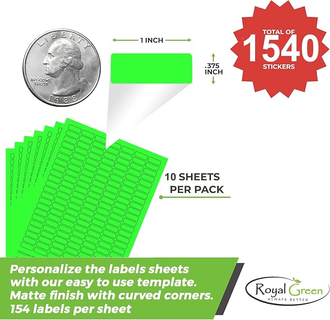 Neon Green Sticker Label Sheets Bulk Printable Paper Labels 1 inch x 0.375 inch - 1540 Pack, 10 Sticker Sheets for Laser/Inkjet Printers with Template Included by Royal Green