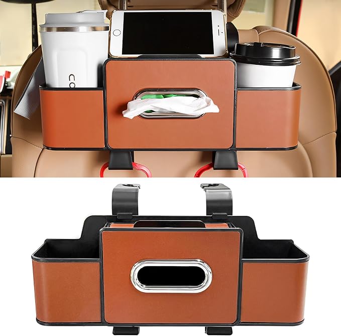 Car Back Seat Organizer, 3-in-1 Auto Seat Back Organizer with Tissue Box, Cup Holders & Hooks, Multifunctional Vehicle Backseat Hanging Organizers for Phones Drinks Handbags (Brown)
