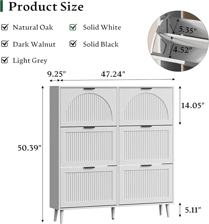 Xixini Shoe Storage Cabinet with 6 Flip Drawers, 50" Tall Narrow Wood Fluted Shoe Organizer for Entryway, Freestanding Wooden Hidden Slim Shoe Rack for Front Door Entrance, Hallway, Foyer, Solid White