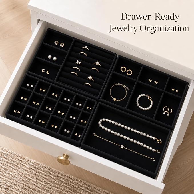 4 Pack Stackable Jewelry Organizer Tray Set - Velvet Display Case | for Rings Earrings Necklaces, for Drawer Organization, Can Stacked