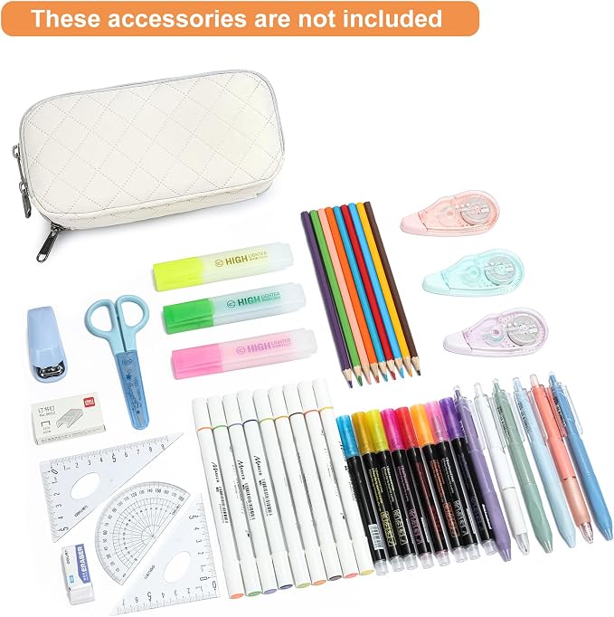 Della Gao Large Pencil Case, Big Capacity Pencil Pouch with 3 Compartments, Office Pencil Bag with Zipper, Big Pen Case for Adults (01-3Beige)