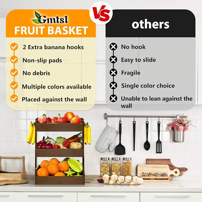 Gmtsl Bamboo Fruit Basket for Kitchen, Fruit Holder for Kitchen Countertop | 3 Tier Fruit bowl for Kitchen Counter, Fruit Stand, Vegetable Basket Storage, Produce Organizer, Bread Snack Display(WALNUT)