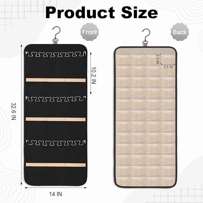 Dynoro Double-Sided Hanging Jewelry Organizer, Large Black Storage Roll for Earrings, Necklaces, Rings, 48 Pockets 21 Hooks, Durable Oxford Fabric for Closet, Wall, Door, 1 piece, Jewelry Not Included