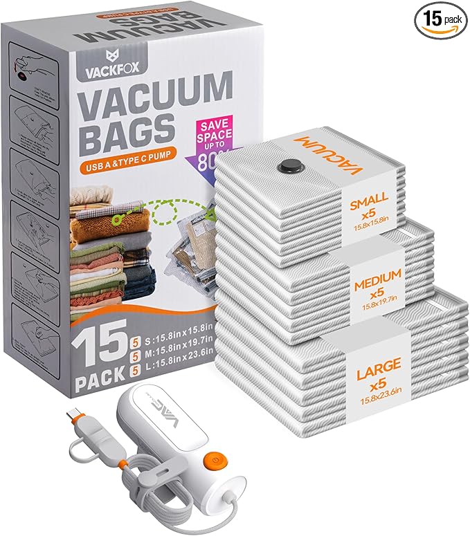 Vacuum Bags for Travel with USB & TYPE C Pump, Vacuum Seal Travel Bags, 15 Pack Carry-On Vacuum Storage Bags for Luggage & Suitcase, Space Saver for Clothes & Travel(Grey)