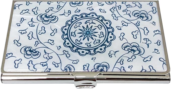 Mother of Pearl Business Card Case Credit Id Name Holder Travel Wallet Art Painting Design Metal Stainless Steel Engraved Slim Purse Pocket Cash Money Wallet (Blue Arabesque)