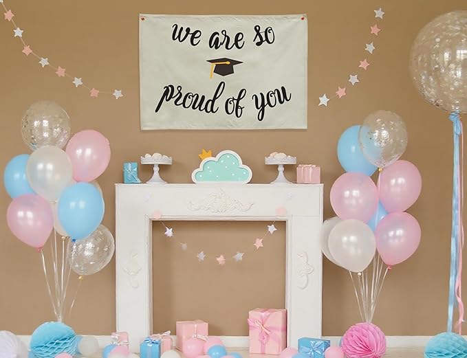 We Are So Proud of You Graduation Banner, Beige Cotton Canvas Wall Hanging Rectangular Flag, Congrats Graduation Party Decor for Class of 2026, School, Home Photo Backdrop 28.5×20 inches