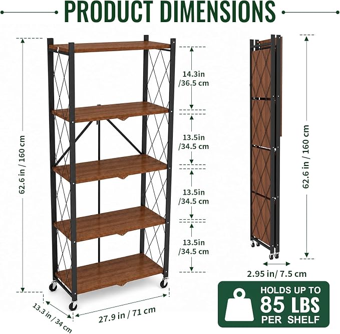 black leopard 5-Tier Foldable Shelf with Wheels, Wood-Grain Steel Shelves | Pre-assembled frame unfolds in seconds with tool-free wheel setup for fast, convenient use.