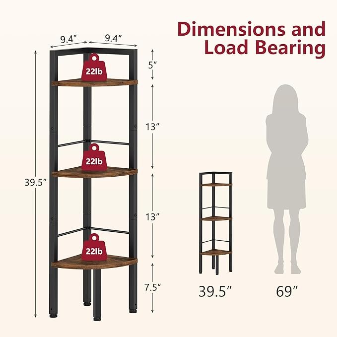 Tajsoon Small Corner Shelf Stand 3 Tier 39.6" Industrial Corner Display Shelf Shelving Unit, Corner Tables for Small Spaces, Bedroom, Living Room, Office, Kitchen, Rustic Brown