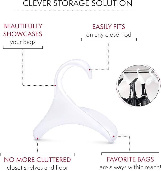 Bag-a-Vie Purse Hanger for Closet - Handbag Organizer Hooks for Hanging Bags & Purses, Protecting Bag Shape & Organizing Space (1 Hanger, White Plastic)