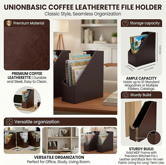 UnionBasic Magazine File Holder - Office Leatherette Desktop Document File Folder Journals Organizer Racks, Coffee, 1-piece