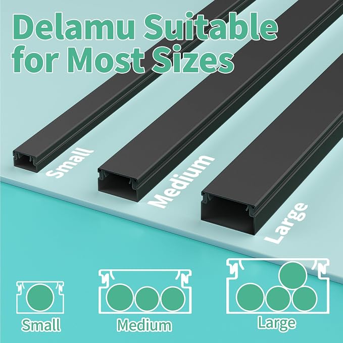 Delamu Cord Hider, 100in Self-Adhesive Cord Cover Kit for Wall Mounted TV, Paintable Wire Hider, Flexible Cable Management System, Cable Raceway Conceals 2-3 Wires, W0.95 H0.55in, Black