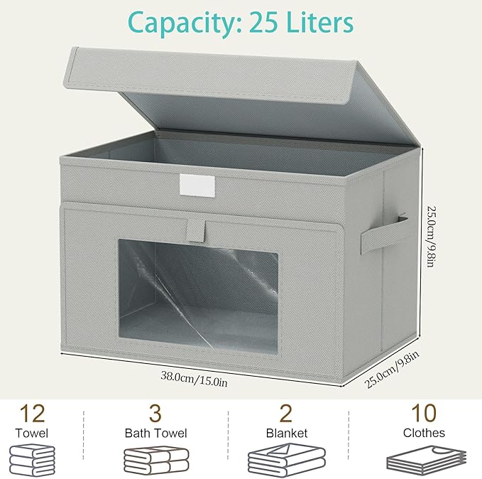 Transparent Window Storage Bin, Cube Organizer Basket with Flip-Top Lid and 2 Handles, Decorative Boxes with Cover, 4 Pack, Grey, 13 x 9 x 7.9 In, XSNY17GM-4