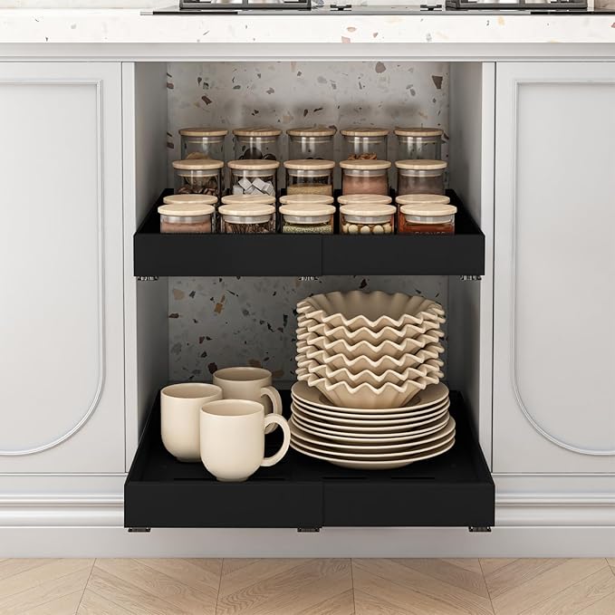 THMINS 2 Pack Expandable Pull Out Cabinet Organizer, 16" Deep Expandable (12.6" - 20.5") 3 Heavy Duty Slide Drawers Pull Out Drawers for Kitchen Storage Cabinet (Black)