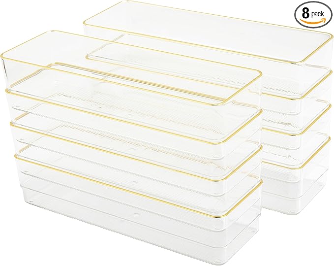 Martha Stewart Kerry Plastic Stackable Office Desk Drawer Organizers, 9" x 3", 8 Pack, with Gold Trim