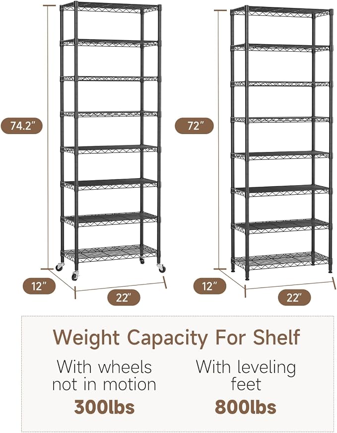 Golpart Shelves Storage Shelf Wire Closet Bathroom Organizers Metal Pantry | 8 tier Kitchen Garage Shelving Unit Laundry Room Organization Home Rack Net Basket Black with Wheels 11.7”D X 22”W X 74.2”H
